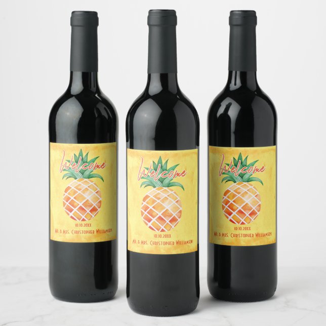 Étiquette Pour Bouteilles De Vin Mariage d'ananas Bienvenue Monogramme Jaune (Bouteilles)