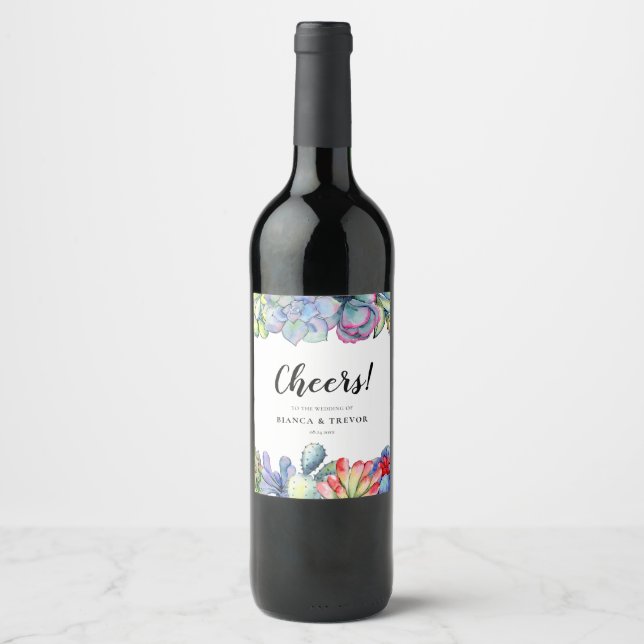Étiquette Pour Bouteilles De Vin Mariage d'aquarelle de cactus succulent (Devant)
