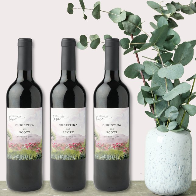 Étiquette Pour Bouteilles De Vin Mariage d'aquarelle de campagne de prairie (Créateur téléchargé)