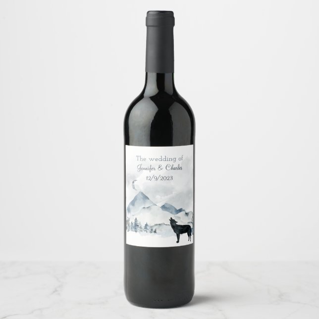 Étiquette Pour Bouteilles De Vin Mariage d'aquarelle Foggy Mountain (Devant)