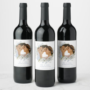 Étiquette Pour Bouteilles De Vin Mariage de couronnes florales Bleu délicat