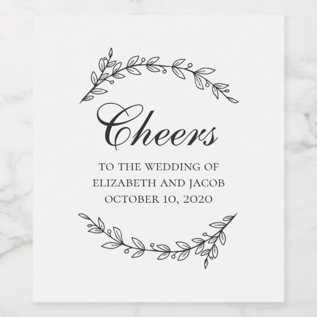 Étiquette Pour Bouteilles De Vin Mariage de feuillage botanique noir et blanc (Étiquettes simples)