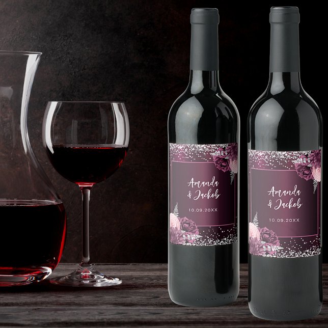 Étiquette Pour Bouteilles De Vin Mariage de fleurs d'argent rose bordeaux (Créateur téléchargé)