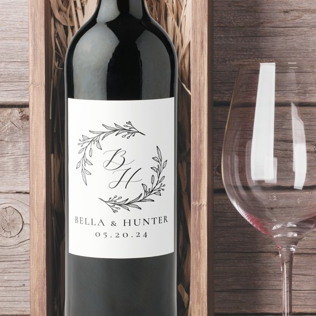 Étiquette Pour Bouteilles De Vin Mariage de germes floraux Monogramme initial (Créateur téléchargé)