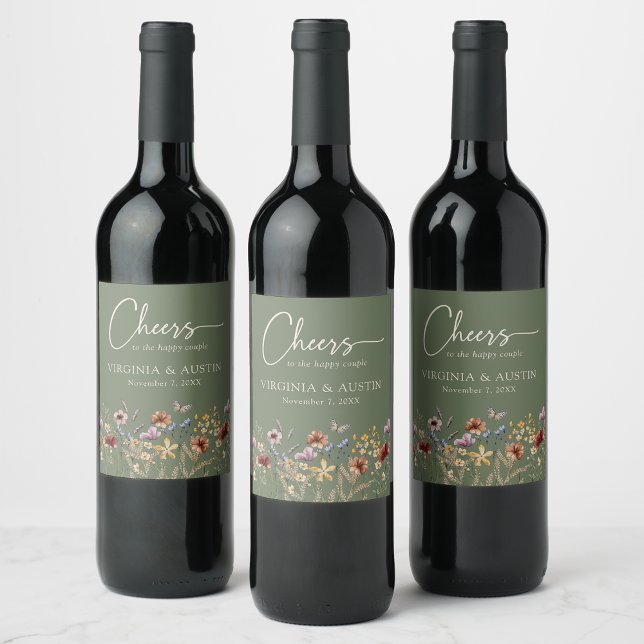 Étiquette Pour Bouteilles De Vin Mariage de la florale verte Sage (Sage Green Floral Cheers Wedding Wine Label with Butterfly by Painted Paperie
)