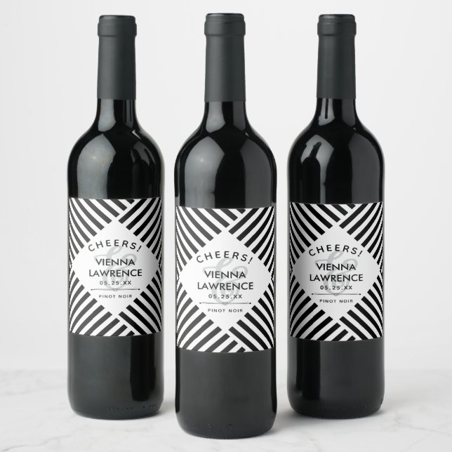 Étiquette Pour Bouteilles De Vin Mariage de lignes diagonales noir et blanc (Bouteilles)