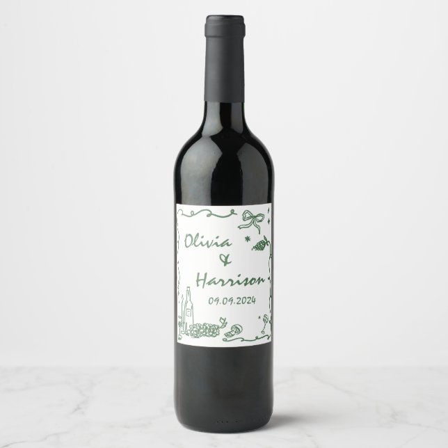 Étiquette Pour Bouteilles De Vin Mariage de main fantaisie verte (Devant)