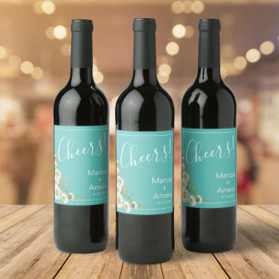 Étiquette Pour Bouteilles De Vin Mariage de marguerites Turquoises et blanches