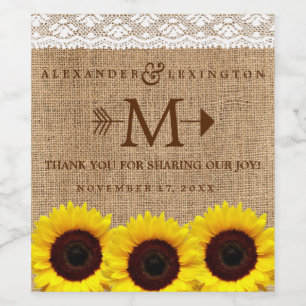 Étiquette Pour Bouteilles De Vin Mariage de monogramme de tournesol rustique