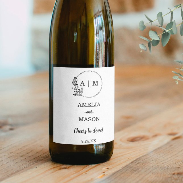 Étiquette Pour Bouteilles De Vin Mariage de monogramme floral minimal noir (Black Minimal Floral Monogram Wedding Wine Label)