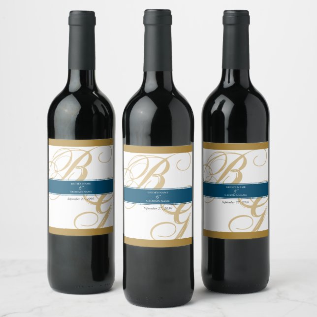 Étiquette Pour Bouteilles De Vin Mariage de monogramme or Blue Elegant (Bouteilles)