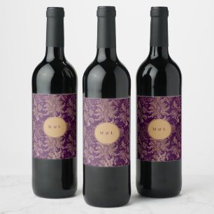 Étiquette Pour Bouteilles De Vin Mariage de monogramme violet Royal Damask