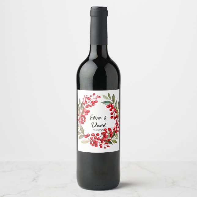 Étiquette Pour Bouteilles De Vin Mariage de Noël Red Berry Wreath (Devant)