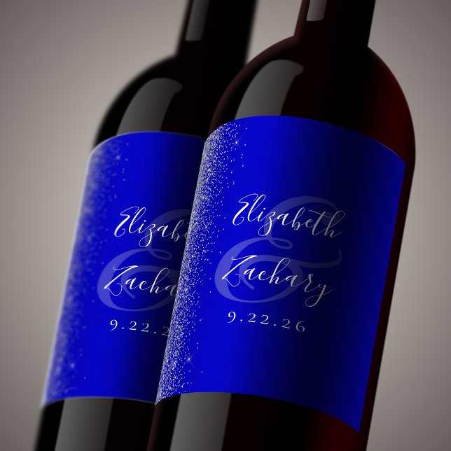 Étiquette Pour Bouteilles De Vin Mariage de Parties scintillant Royal Blue Silver (Créateur téléchargé)