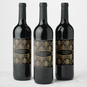 Étiquette Pour Bouteilles De Vin Mariage de script noir Gold Damask