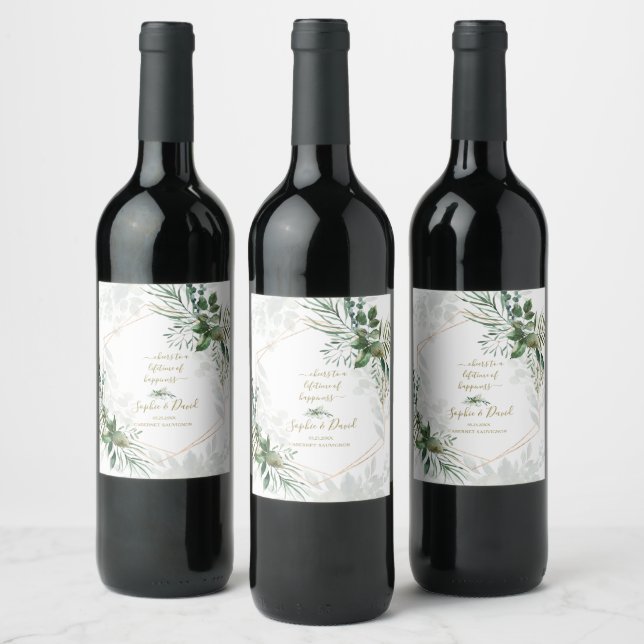 Étiquette Pour Bouteilles De Vin Mariage de verdure géométrique Rose de luxe (Bouteilles)
