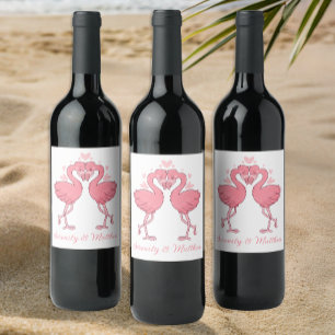 Étiquette Pour Bouteilles De Vin Mariage d'été rose flamants tropicaux de plage