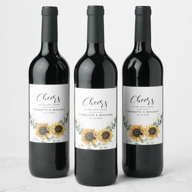 Étiquette Pour Bouteilles De Vin Mariage d'Eucalyptus de tournesol d'aquarelle mode (Bouteilles)