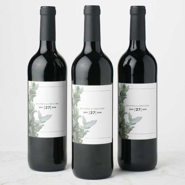 Étiquette Pour Bouteilles De Vin Mariage d'eucalyptus en argent (Bouteilles)