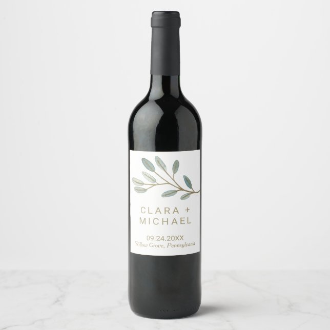 Étiquette Pour Bouteilles De Vin Mariage d'eucalyptus veiné or (Devant)