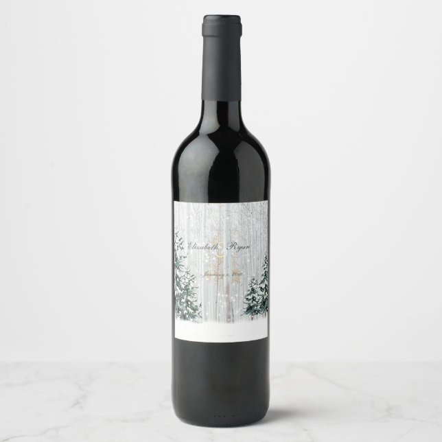 Étiquette Pour Bouteilles De Vin Mariage d'hiver Sparkle Snowflakes Pine Trees (Devant)