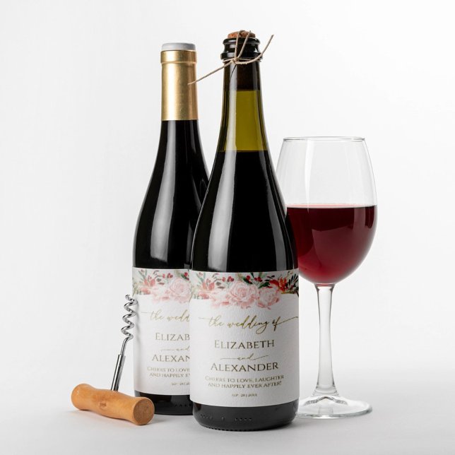 Étiquette Pour Bouteilles De Vin Mariage d'hiver Vin Étiquette Aquarelle Script dor (Créateur téléchargé)