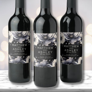 Étiquette Pour Bouteilles De Vin Mariage Élégant Moderne Floral Noir Blanc