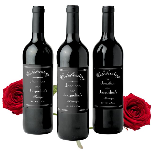 Étiquette Pour Bouteilles De Vin Mariage élégant Noms personnalisés Chic B & W (Chic, Elegant Marriage Celebration Wine Bottle Labels.)
