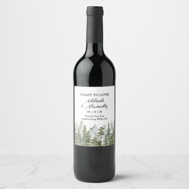 Étiquette Pour Bouteilles De Vin Mariage en forêt de bois vert (Devant)