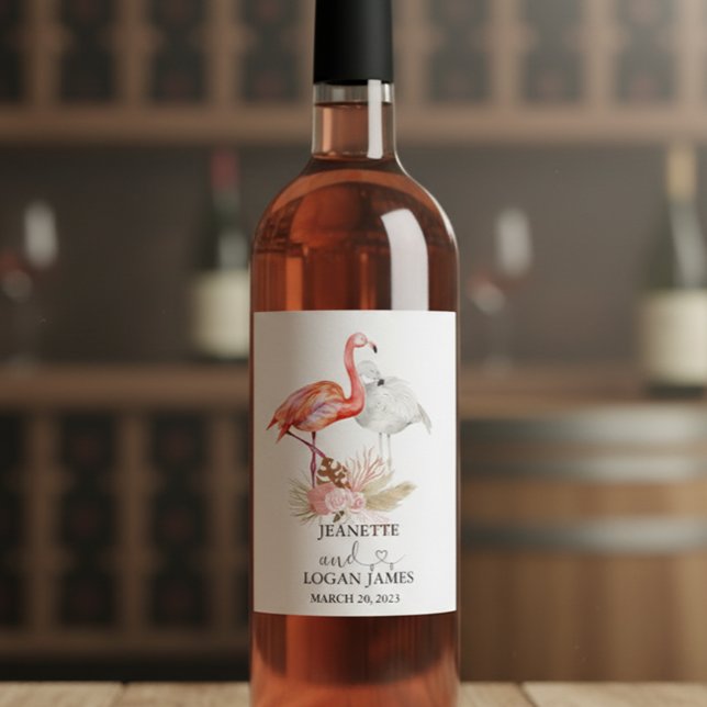 Étiquette Pour Bouteilles De Vin Mariage Faveur Flamant rose tropical Boho Aquarell (Créateur téléchargé)