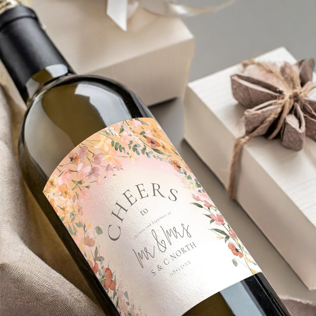 Étiquette Pour Bouteilles De Vin Mariage Fleur sauvage Sunny Cheers Gradient ID1023 (Créateur téléchargé)