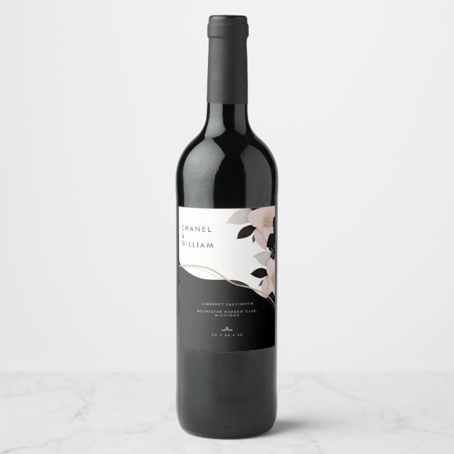Étiquette Pour Bouteilles De Vin Mariage fleurie personnalisée d'inspiration Chanel (Devant)