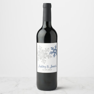 Étiquette Pour Bouteilles De Vin Mariage flocon de neige bleu marine argenté