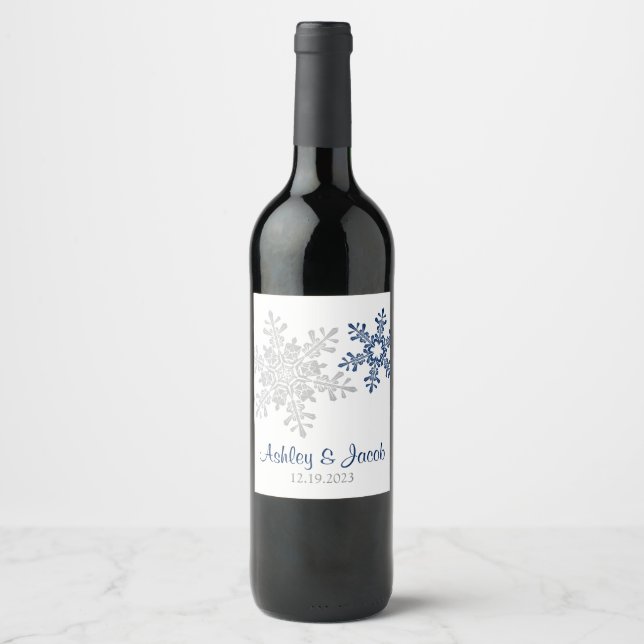 Étiquette Pour Bouteilles De Vin Mariage flocon de neige bleu marine argenté  (Devant)