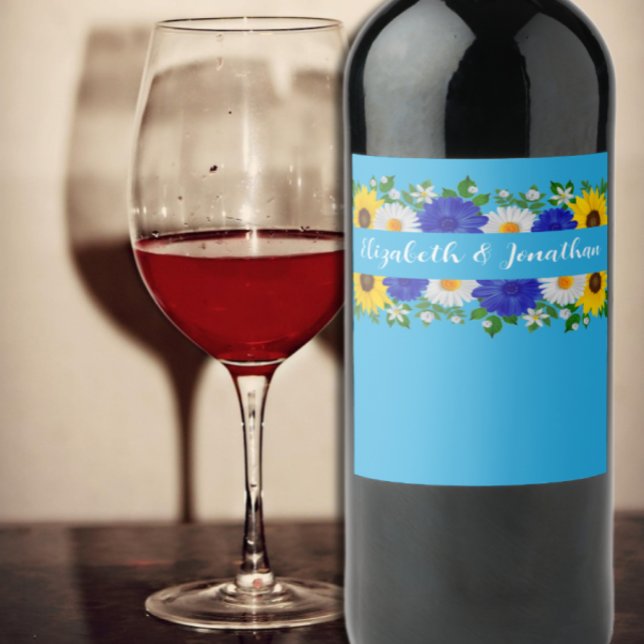 Étiquette Pour Bouteilles De Vin Mariage Floral bleu ciel d'été (Créateur téléchargé)