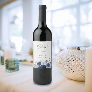 Étiquette Pour Bouteilles De Vin Mariage floral bleu et marine