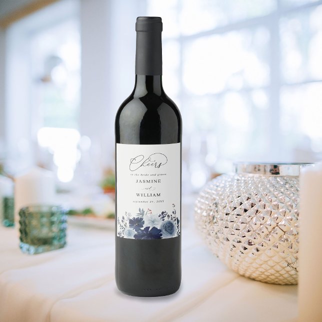 Étiquette Pour Bouteilles De Vin Mariage floral bleu et marine (Créateur téléchargé)