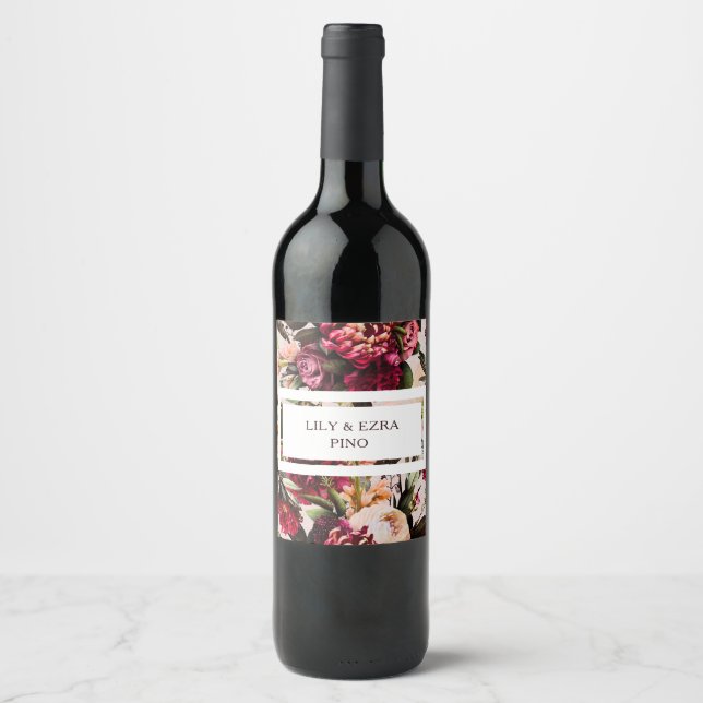 Étiquette Pour Bouteilles De Vin Mariage floral Bourgogne personnalisé (Devant)