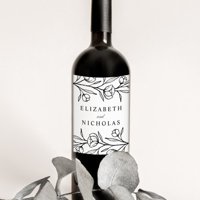 Étiquette Pour Bouteilles De Vin Mariage floral croisé noir et blanc (Créateur téléchargé)