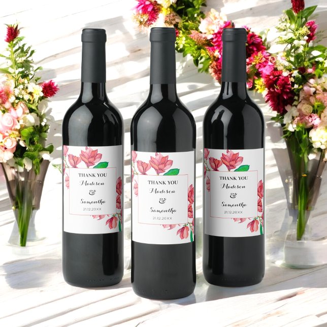 Étiquette Pour Bouteilles De Vin Mariage Floral Magnolia Aquarelle Rose Blanc (Créateur téléchargé)