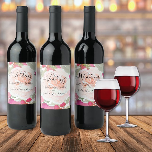Étiquette Pour Bouteilles De Vin Mariage floral rose pâle simple (Créateur téléchargé)