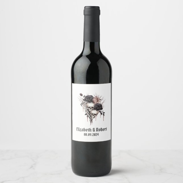 Étiquette Pour Bouteilles De Vin Mariage gothique noir Rose crânes (Devant)