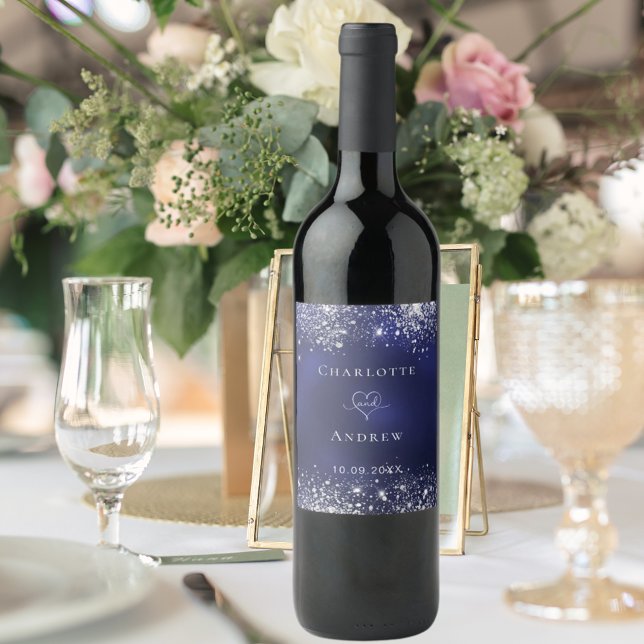 Étiquette Pour Bouteilles De Vin Mariage marine bleu argent parties scintillant mar (Créateur téléchargé)