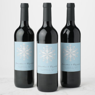 Étiquette Pour Bouteilles De Vin Mariage minimaliste de flocon de neige Bleu glac