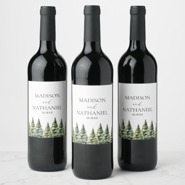 Étiquette Pour Bouteilles De Vin Mariage minimaliste de la forêt de pins neigeux d' (Bouteilles)
