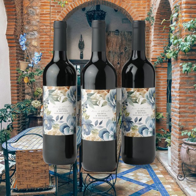 Étiquette Pour Bouteilles De Vin Mariage Moderne Floral Automne Feuilles Bleues (Créateur téléchargé)