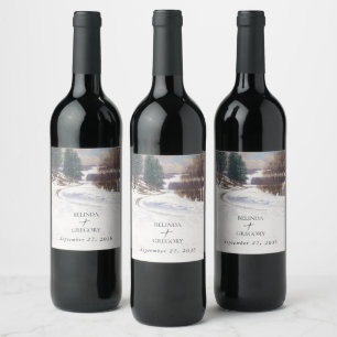 Étiquette Pour Bouteilles De Vin Mariage paysage de neige aquarelle