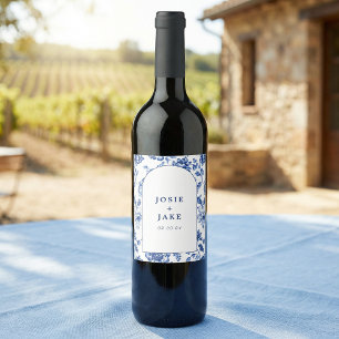 Étiquette Pour Bouteilles De Vin Mariage personnalisé avec chinoiserie florale bleu