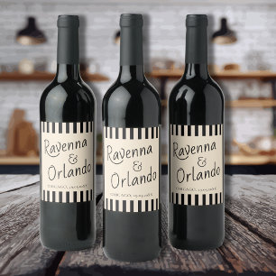 Étiquette Pour Bouteilles De Vin Mariage Rétro Minimaliste Rayures Noir & Ivoire