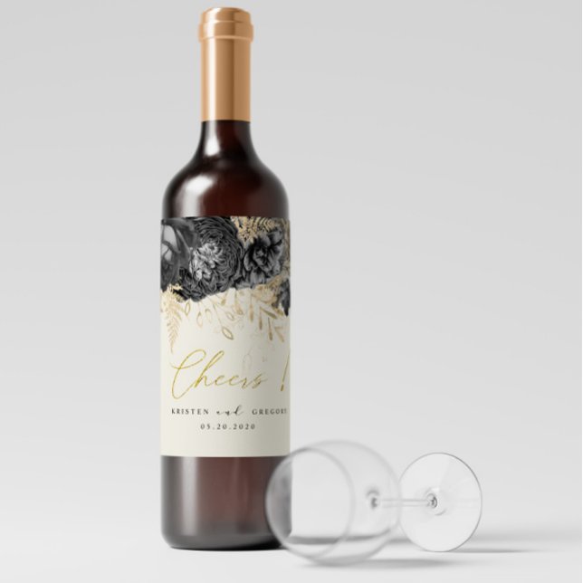 Étiquette Pour Bouteilles De Vin Mariage Roses d'aquarelle Gold Black Cheers (Créateur téléchargé)